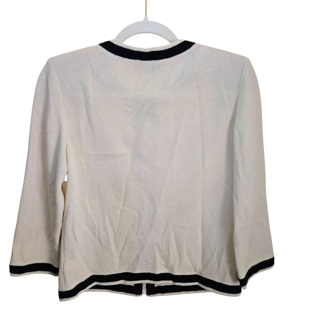 St. John Caviar Jacket Cream Black Santana Knit Full Zip 3/4 Sleeve Size 2